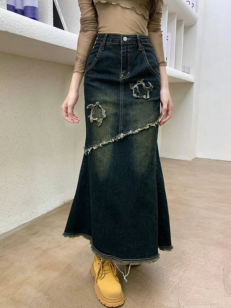 Dressbetty - High Waist Raw Trim Mermaid Hem Long Denim Skirt