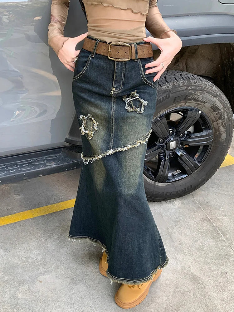 Dressbetty - High Waist Raw Trim Mermaid Hem Long Denim Skirt