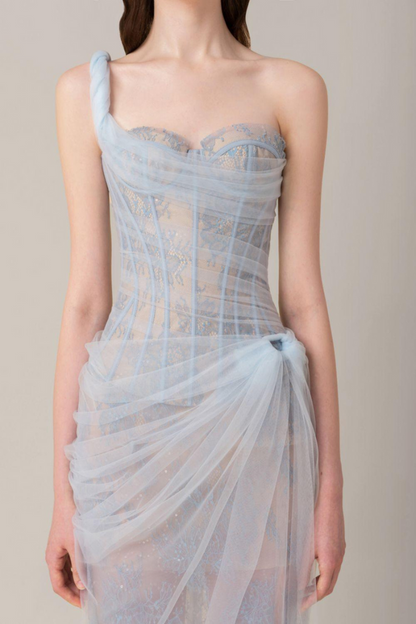 Bertille One Shoulder Maxi Dress in Blue