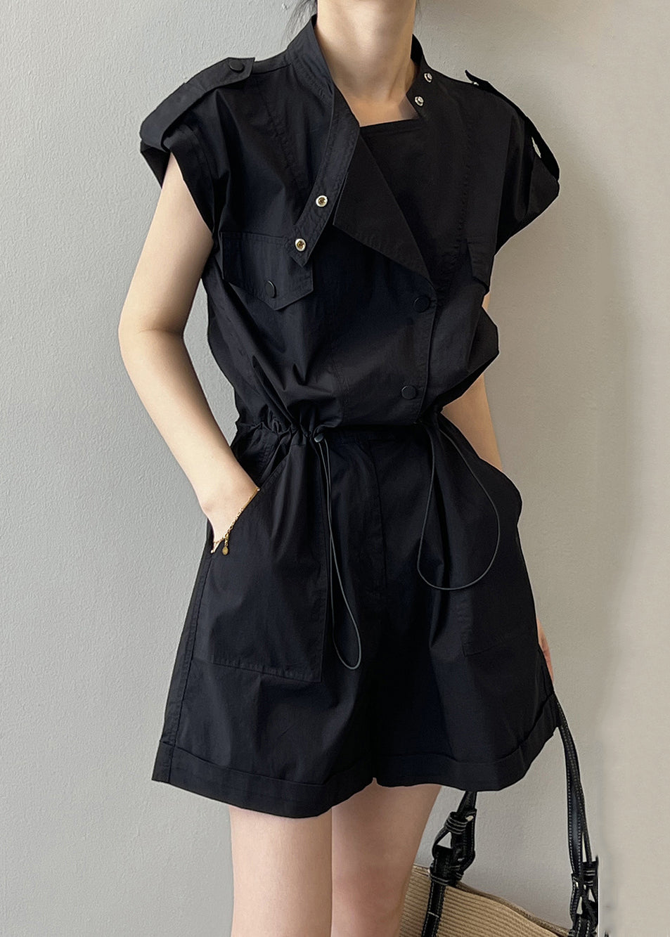 Black Button Linen Jumpsuits High Waist Short Sleeve Qe007