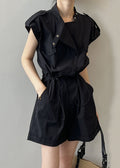 Black Button Linen Jumpsuits High Waist Short Sleeve Qe007