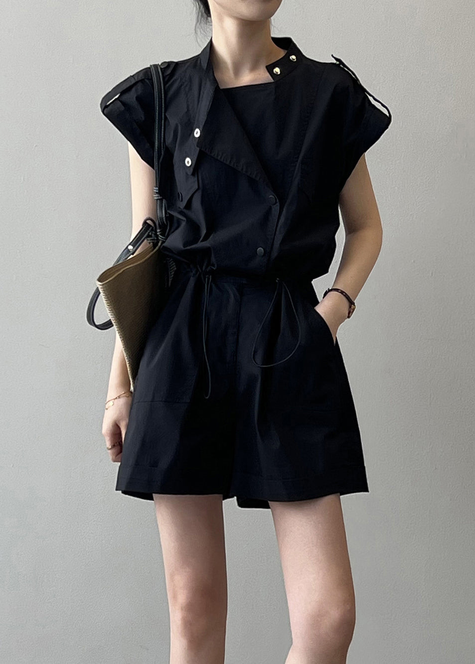 Black Button Linen Jumpsuits High Waist Short Sleeve Qe007