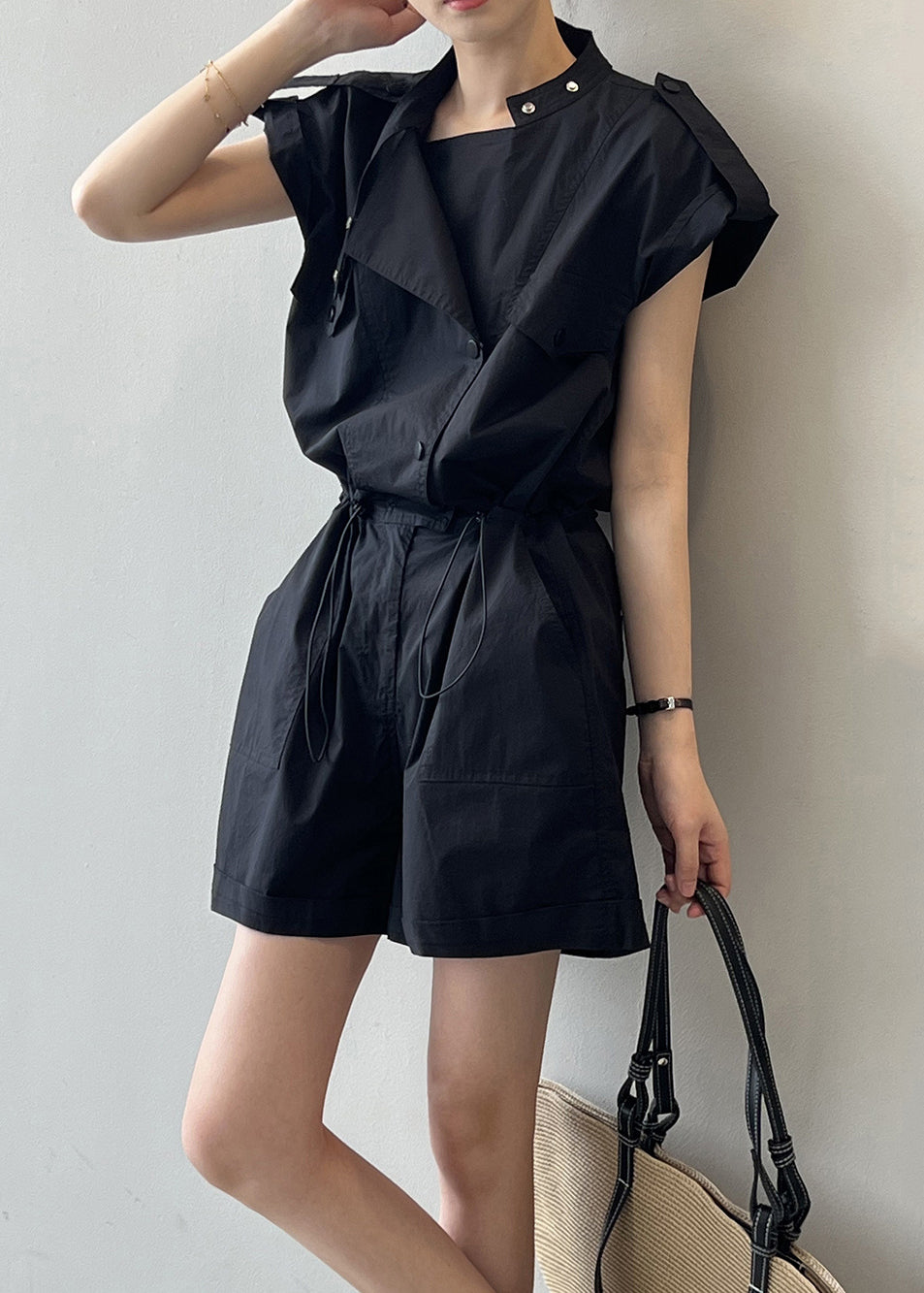 Black Button Linen Jumpsuits High Waist Short Sleeve Qe007