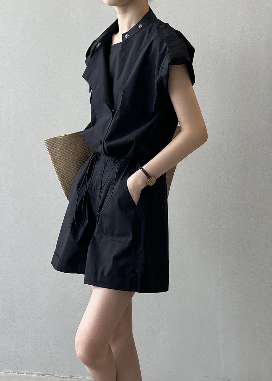 Black Button Linen Jumpsuits High Waist Short Sleeve Qe007