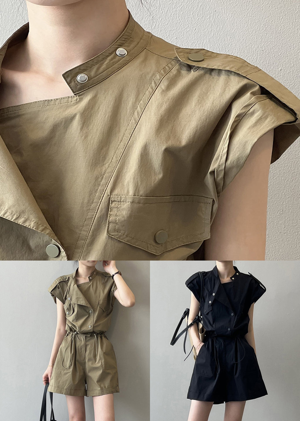 Black Button Linen Jumpsuits High Waist Short Sleeve Qe007