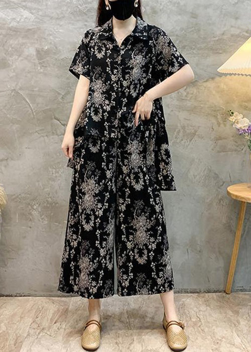 Black Low High Design Cotton Two-piece Set Peter Pan Collar Short Sleeve Au1057