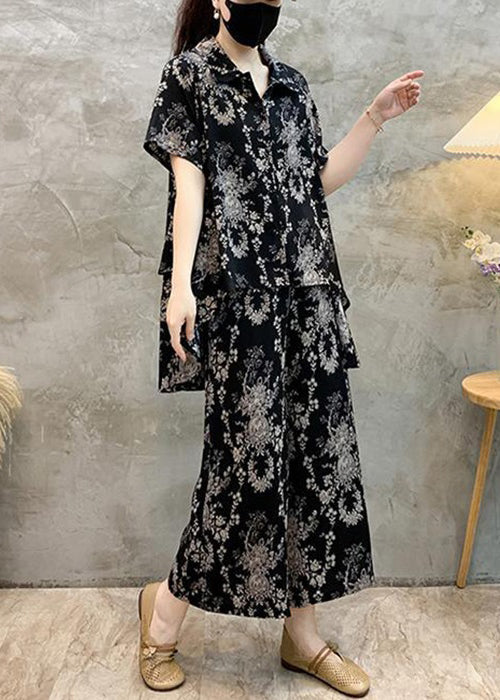 Black Low High Design Cotton Two-piece Set Peter Pan Collar Short Sleeve Au1057