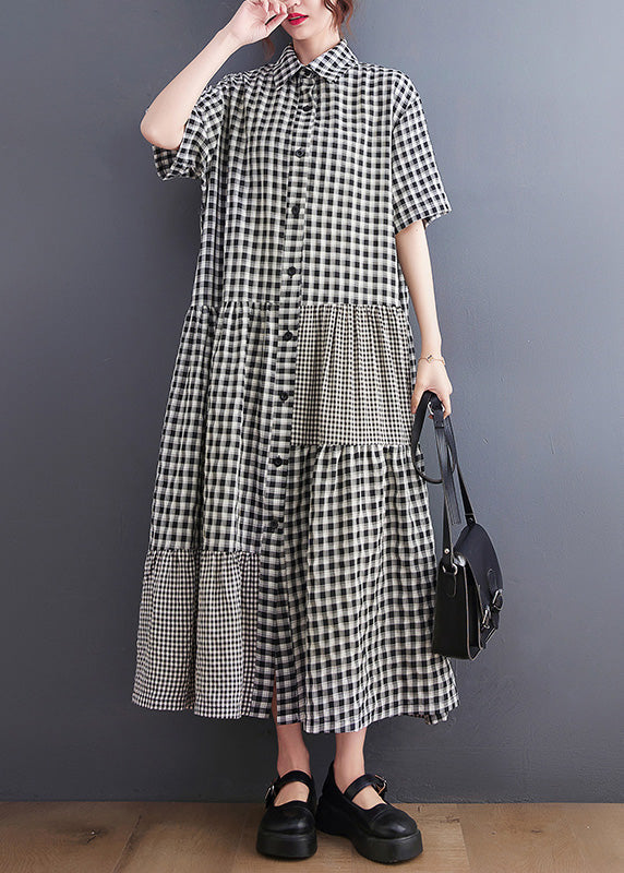 Black Patchwork Button Vacation Long Dresses Short Sleeve Ac2065