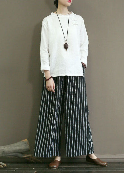Black Striped Linen Wide Leg Pants Elastic Waist Oversized Summer Ly1488