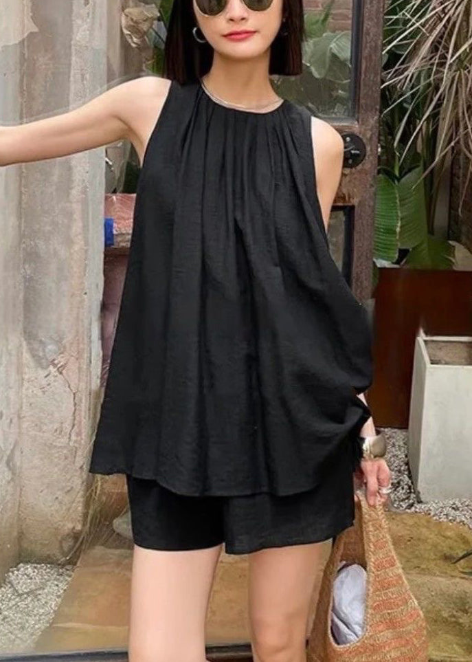 Black Wrinkled Top and Shorts Two Pieces Set Sleeveless Qb018