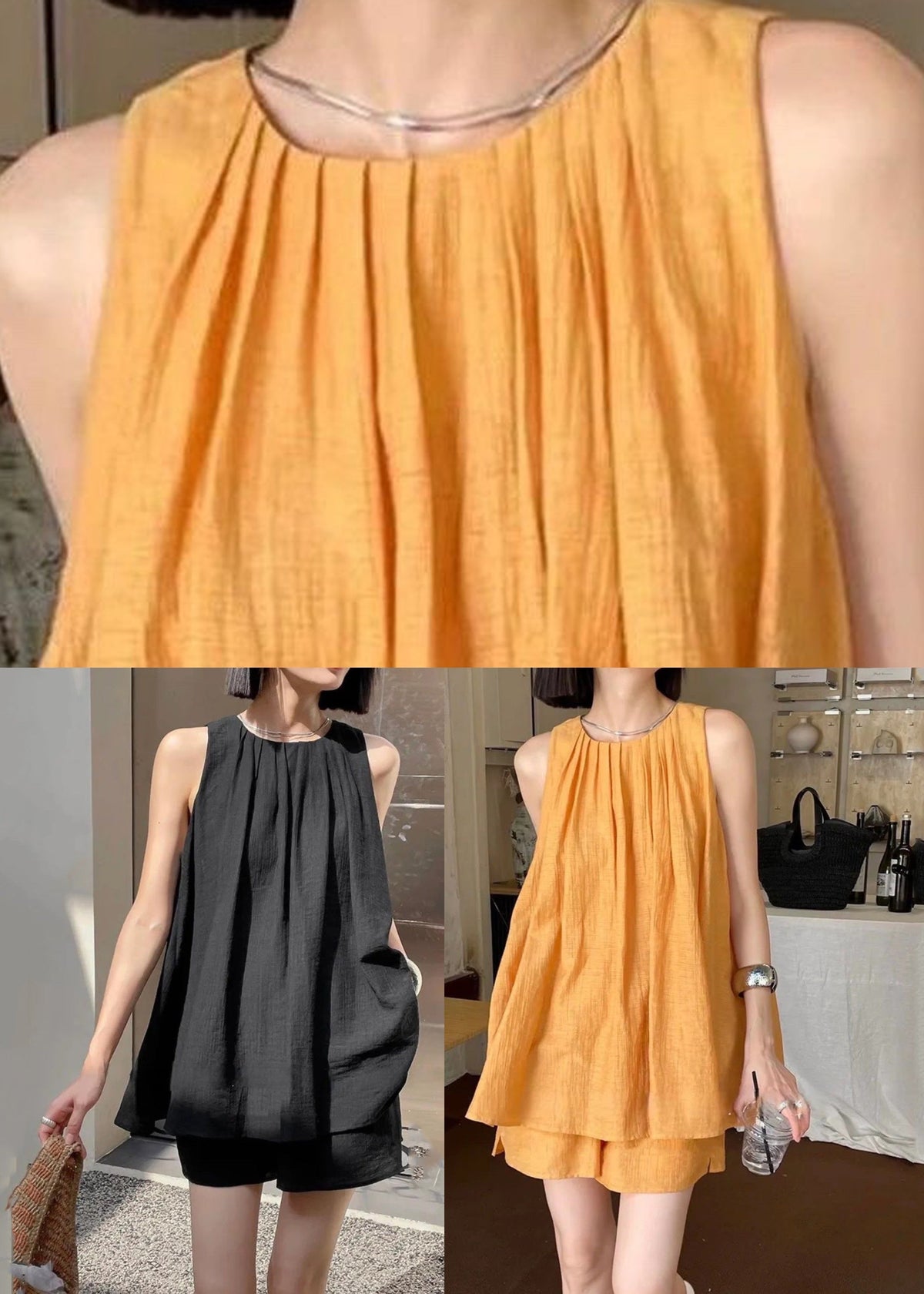 Black Wrinkled Top and Shorts Two Pieces Set Sleeveless Qb018