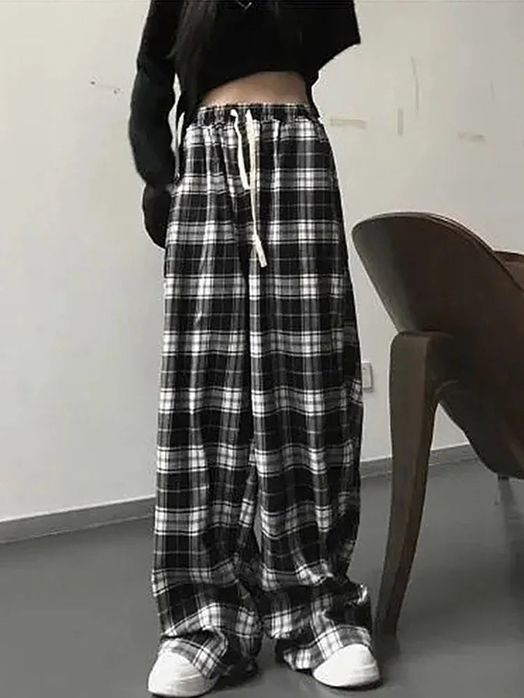 Black and White Plaid Pants New Loose Wide Leg Trousers Ins Retro Teen Straight Trousers Hiphop