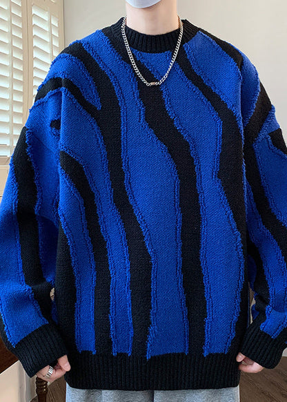Blue Cozy Patchwork Knit Sweaters Pullover O Neck Winter Rc024