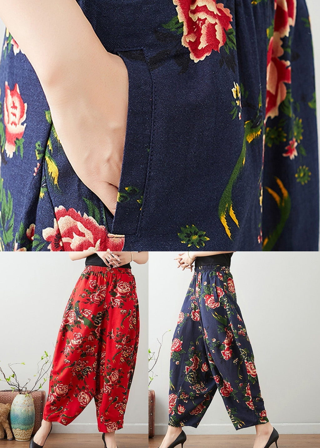 Handmade Red Print Cozy Waist Wide Pants Tq1011