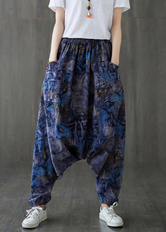 Blue Elastic Waist Loose Lantern Pants Summer Tq1046