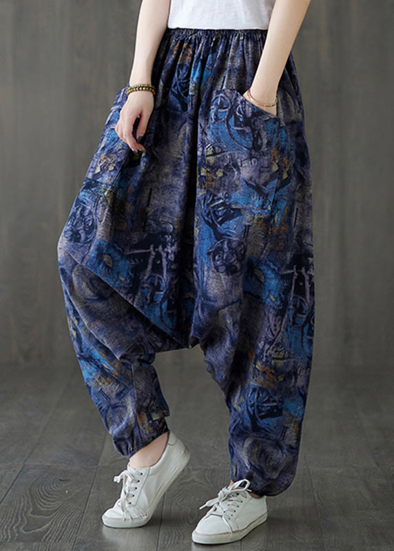 Blue Elastic Waist Loose Lantern Pants Summer Tq1046