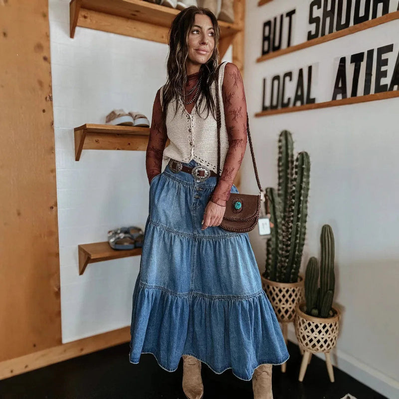 Tiered Denim Maxi Skirt