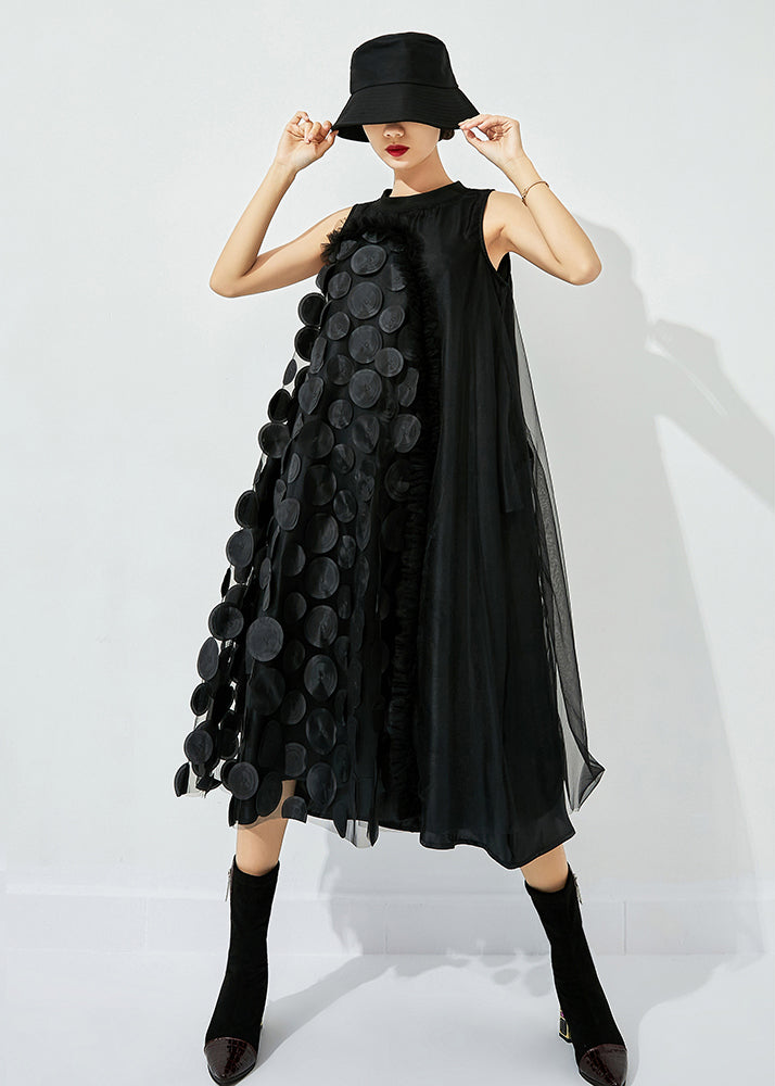 Black-green Dot Asymmetrical Patchwork Wrinkled Tulle Maxi Dress Sleeveless Ly0870