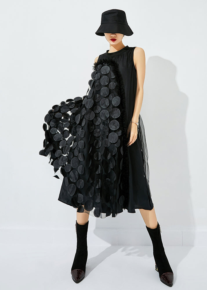 Black-green Dot Asymmetrical Patchwork Wrinkled Tulle Maxi Dress Sleeveless Ly0870