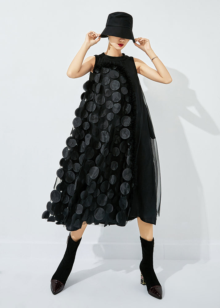 Black-green Dot Asymmetrical Patchwork Wrinkled Tulle Maxi Dress Sleeveless Ly0870