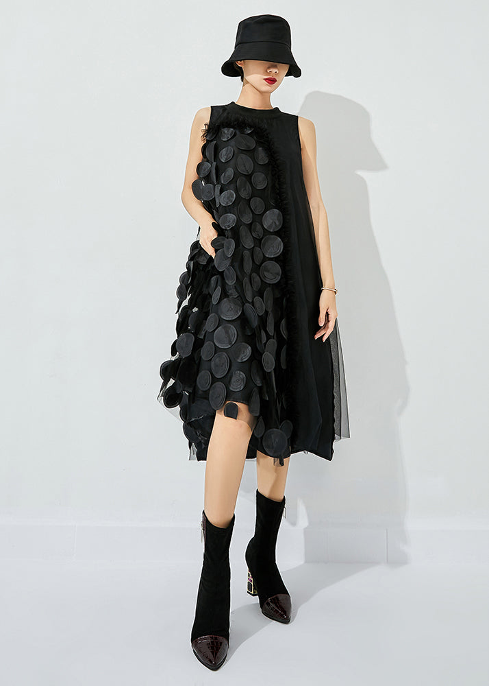 Black-green Dot Asymmetrical Patchwork Wrinkled Tulle Maxi Dress Sleeveless Ly0870