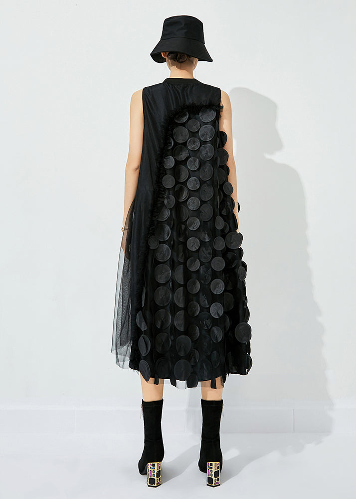Black-green Dot Asymmetrical Patchwork Wrinkled Tulle Maxi Dress Sleeveless Ly0870