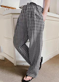 Black Elastic Waist Plaid Linen Wide Leg Pants Spring Ly1364