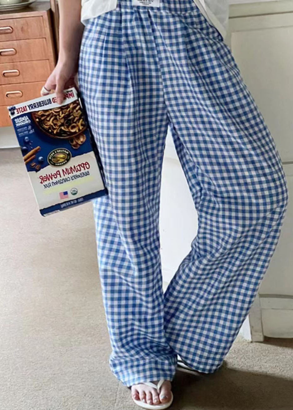 Black Elastic Waist Plaid Linen Wide Leg Pants Spring Ly1364
