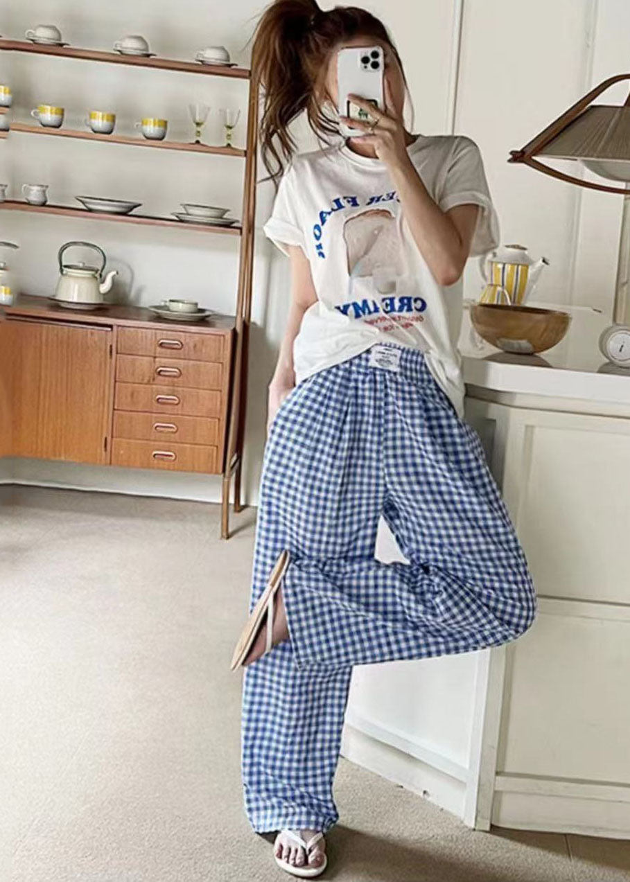 Black Elastic Waist Plaid Linen Wide Leg Pants Spring Ly1364