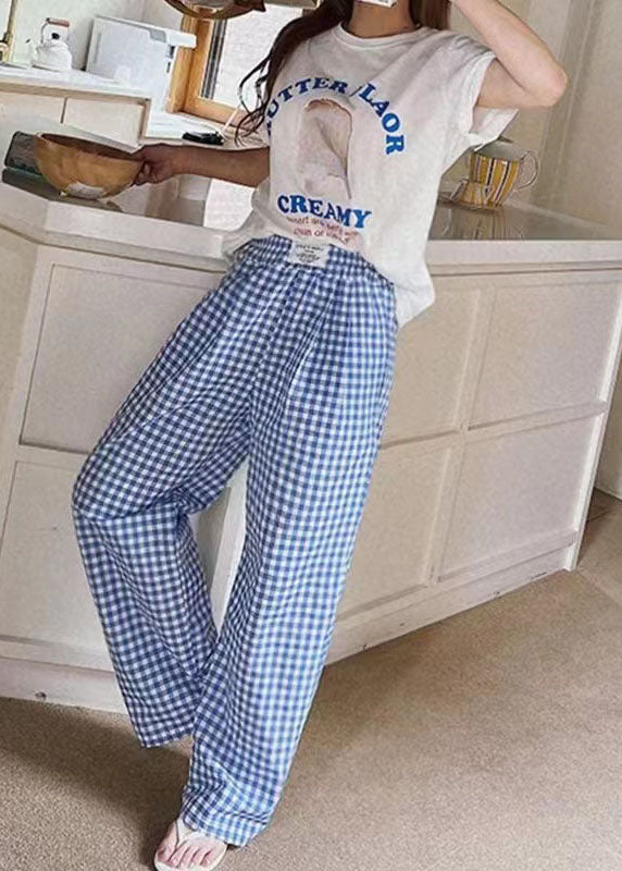 Black Elastic Waist Plaid Linen Wide Leg Pants Spring Ly1364