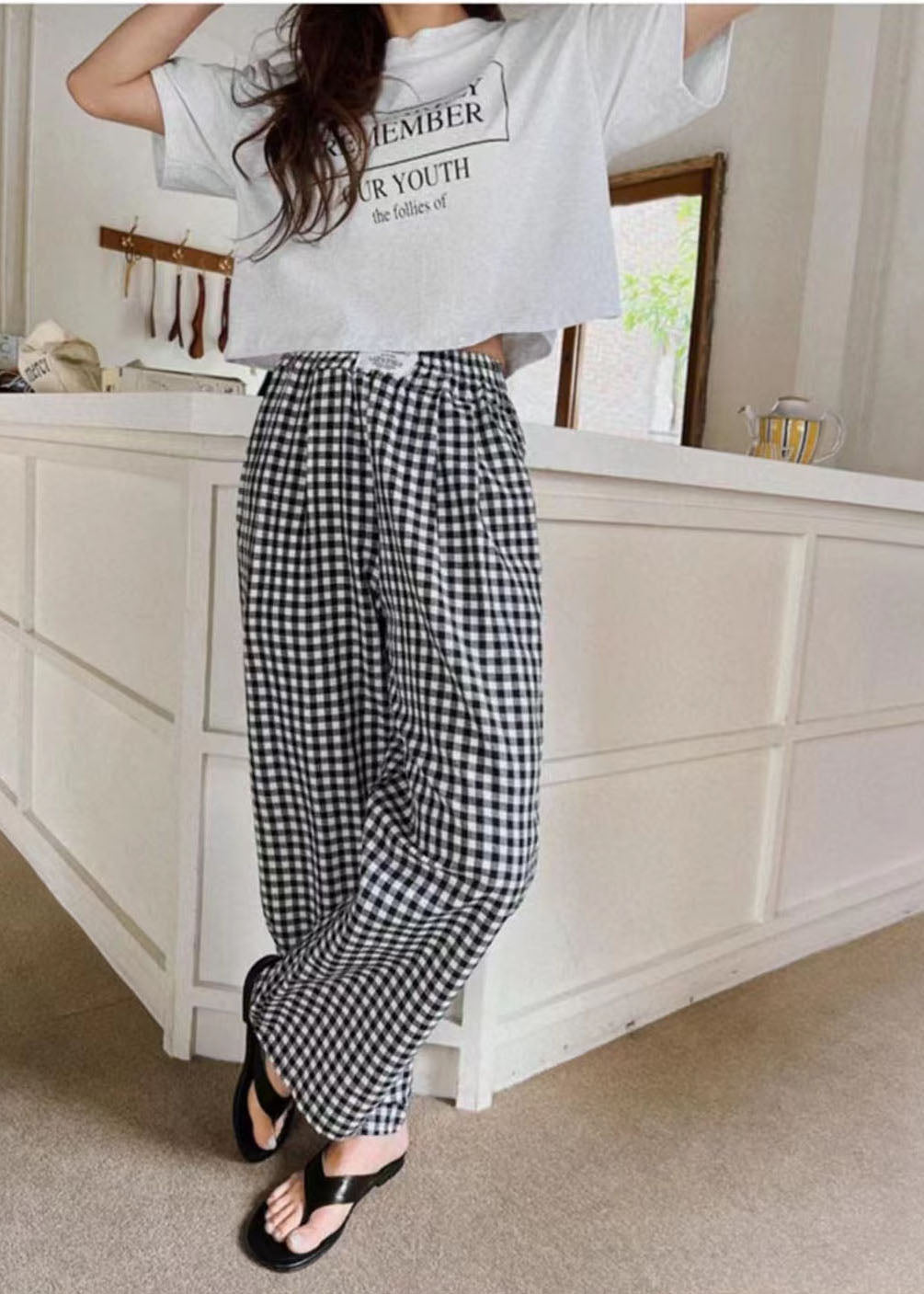 Black Elastic Waist Plaid Linen Wide Leg Pants Spring Ly1364