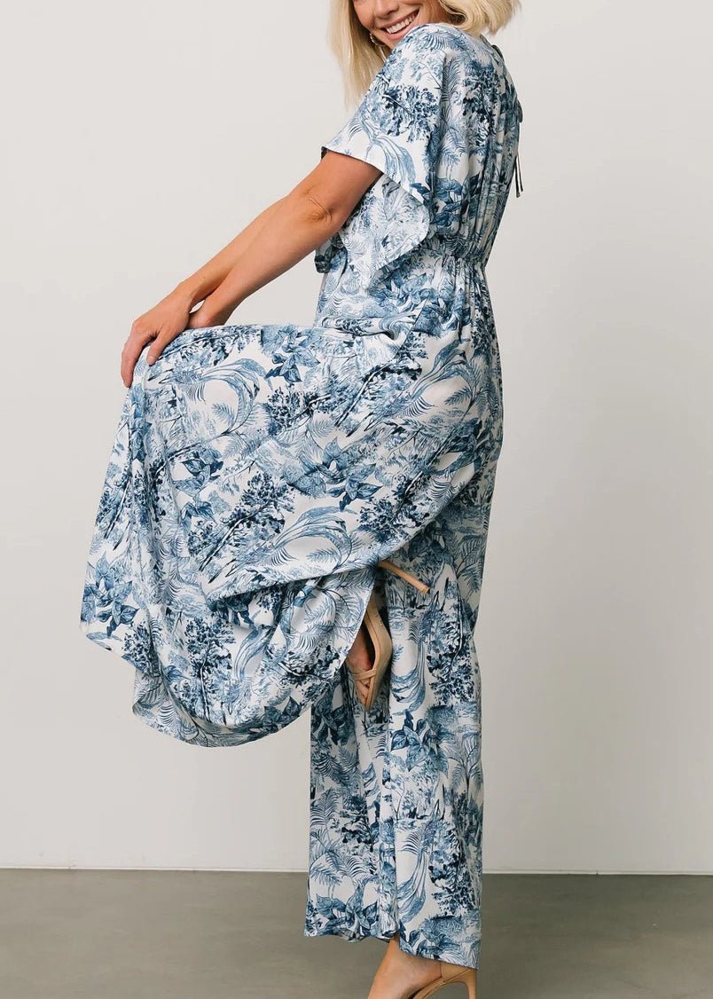 Blue Print Lace Up Pockets Cotton Jumpsuit Summer Au1010