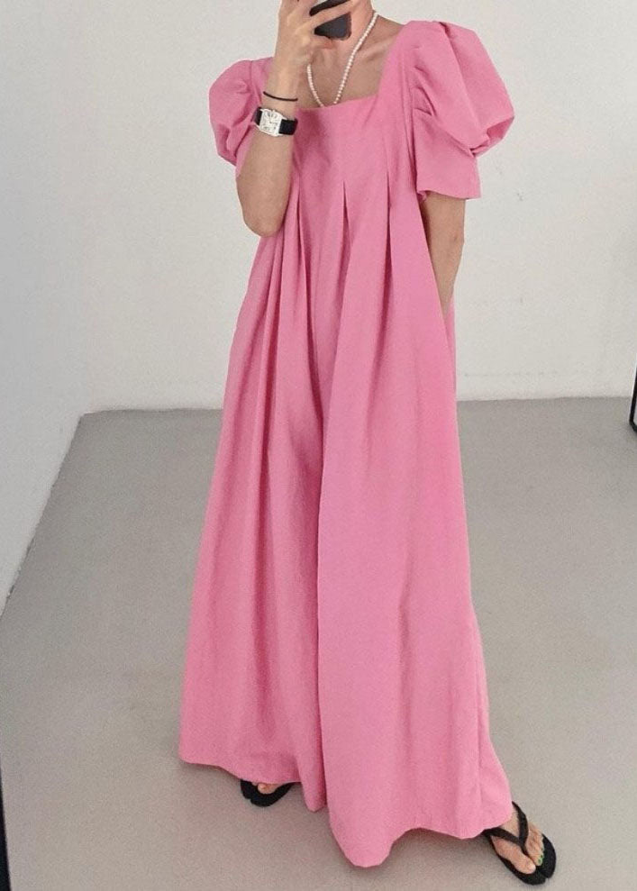 Rose Square Collar Oversized Linen Jumpsuits Wide Leg Pants Summer Ly1317