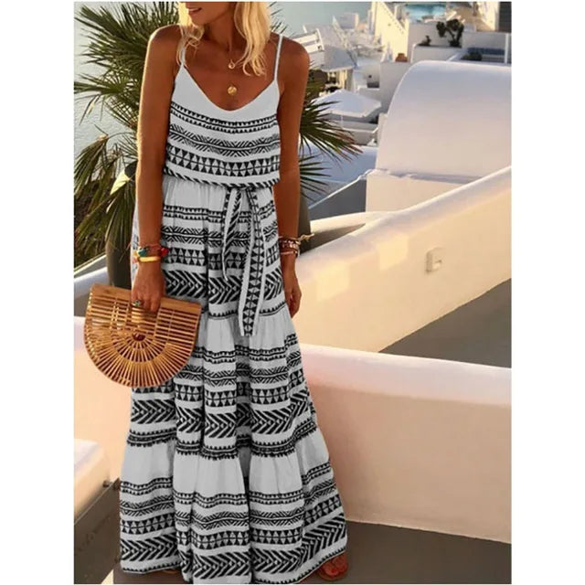 Style Print Spaghetti Strap Long Dresses V-neck Leace-up Beach Camisole Dress Summer New Lady Vestido