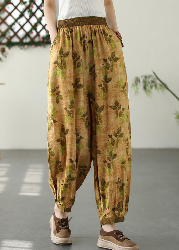 Yellow Wrinkled Elastic Waist Crop Lantern Pants Tq1057