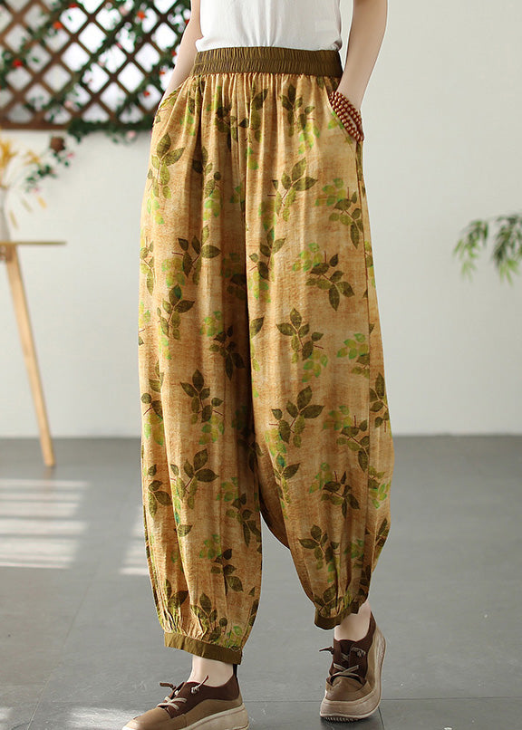 Yellow Wrinkled Elastic Waist Crop Lantern Pants Tq1057