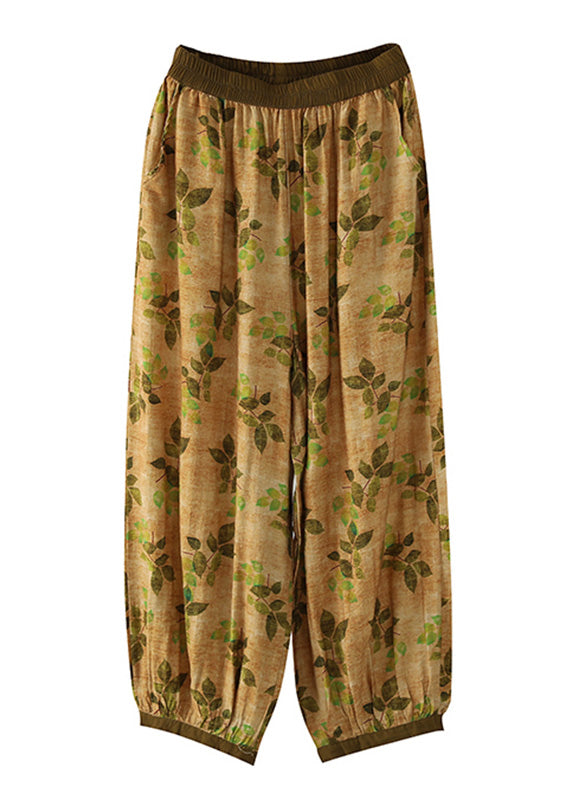 Yellow Wrinkled Elastic Waist Crop Lantern Pants Tq1057
