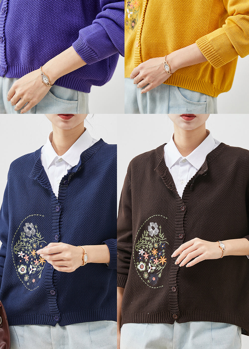 Brown Cozy Knit Cardigan Embroidered Spring Yu1044
