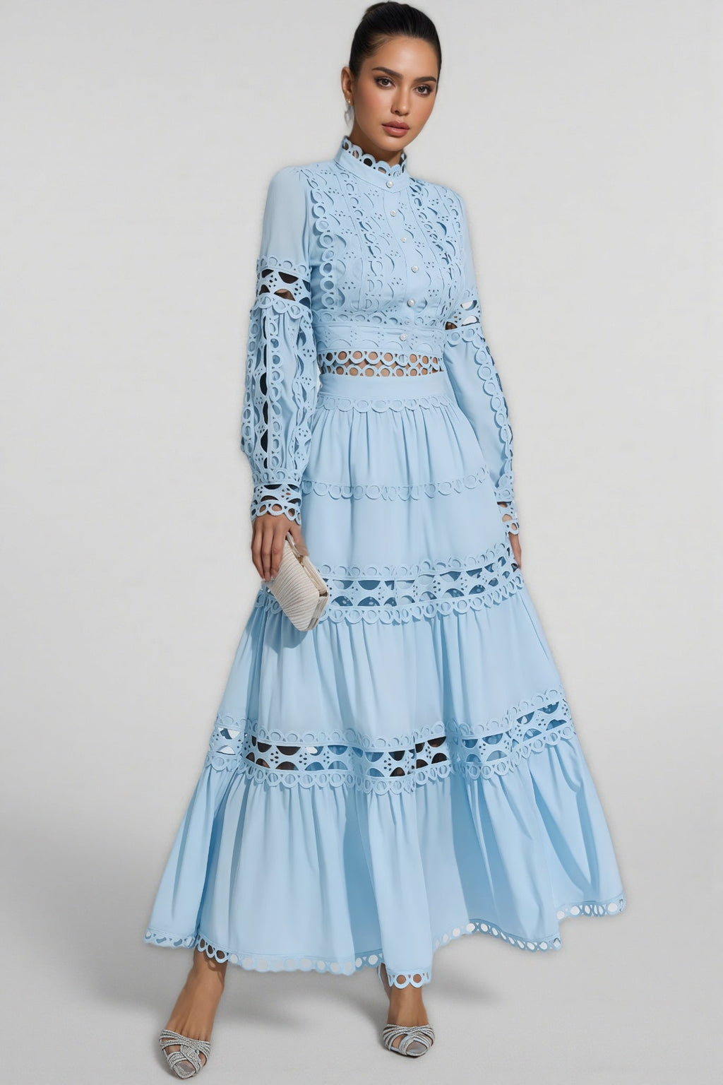 Lysd Blue Lace Hollow Maxi Dress Set