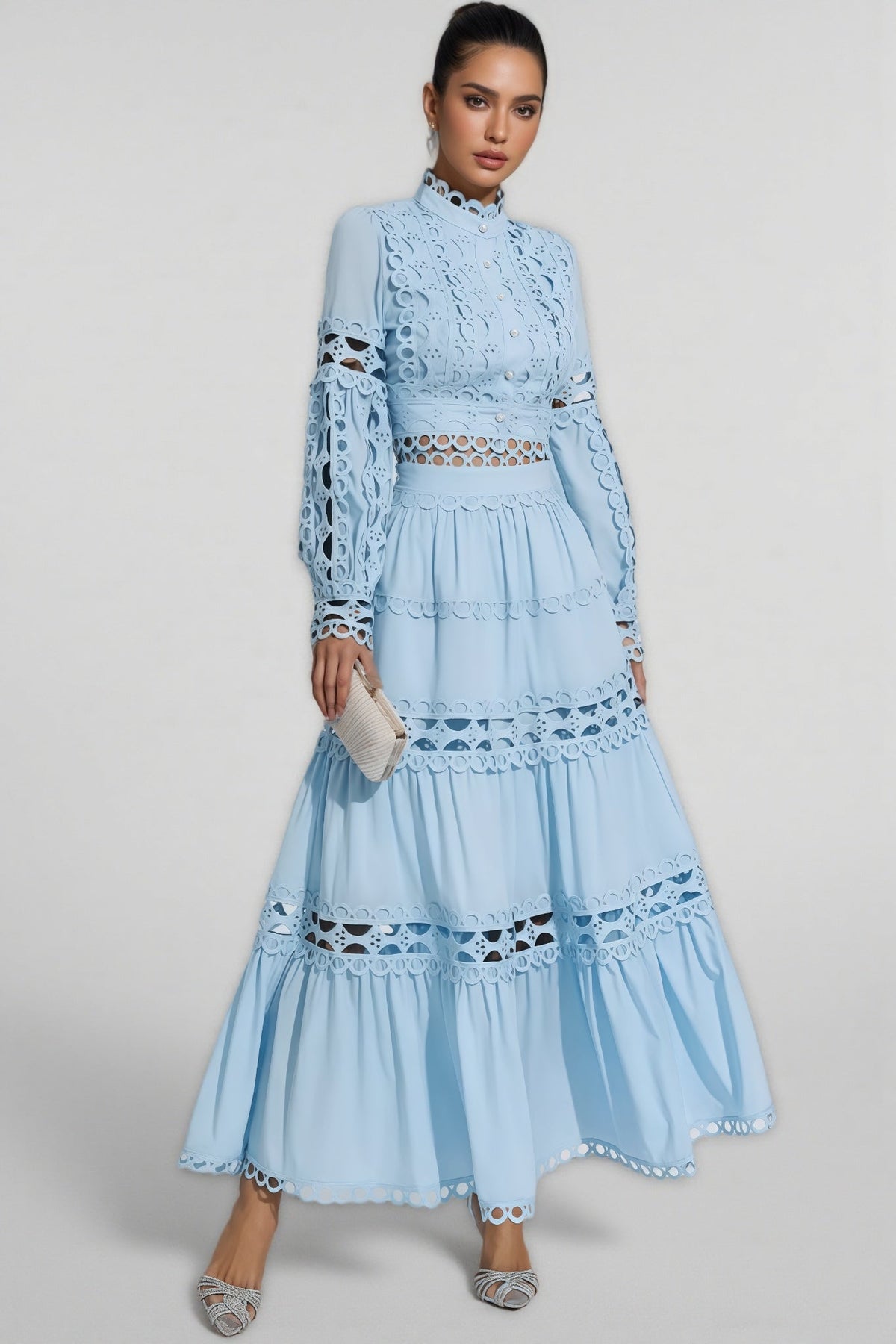 Lysd Blue Lace Hollow Maxi Dress Set