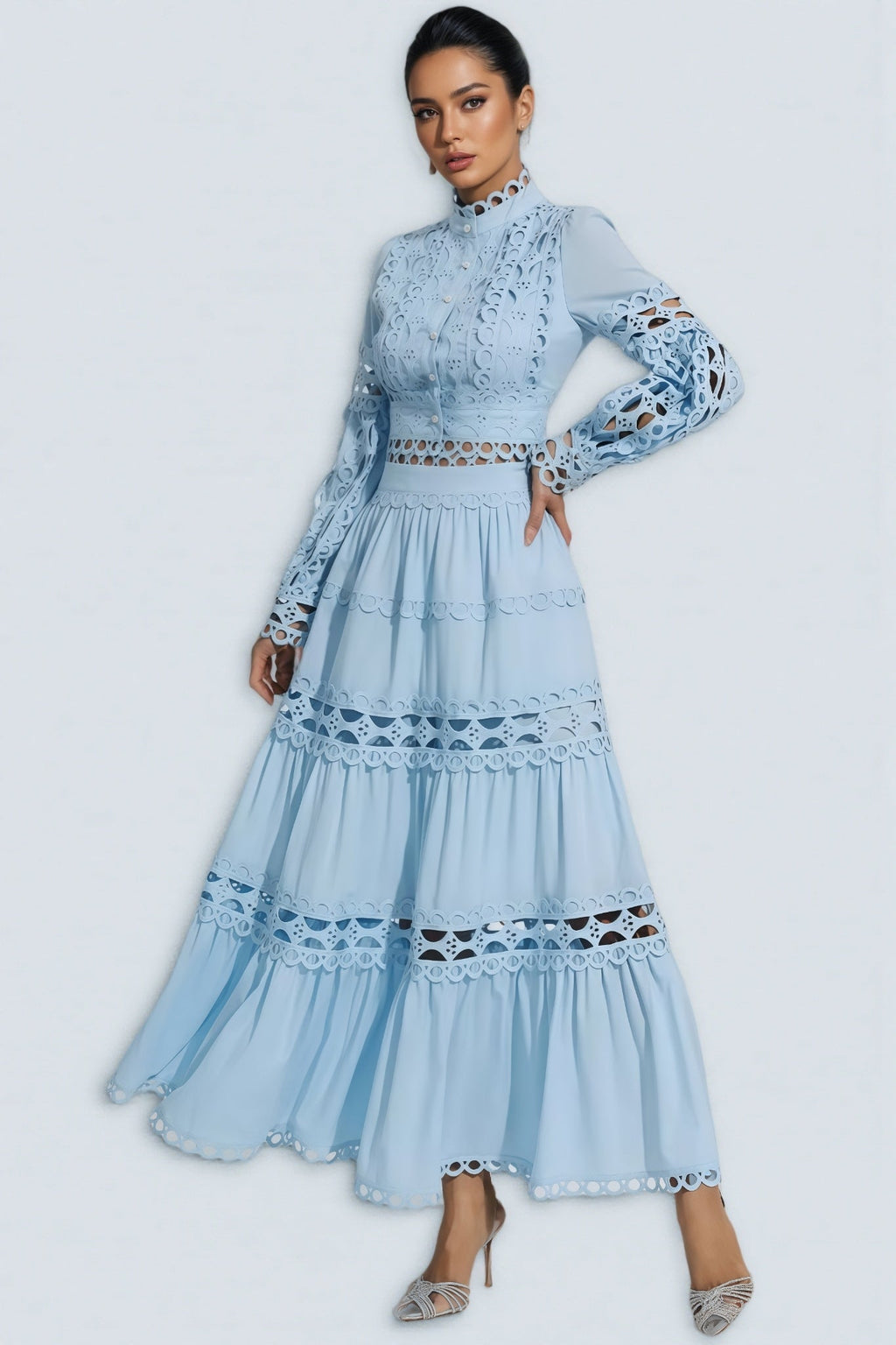 Lysd Blue Lace Hollow Maxi Dress Set
