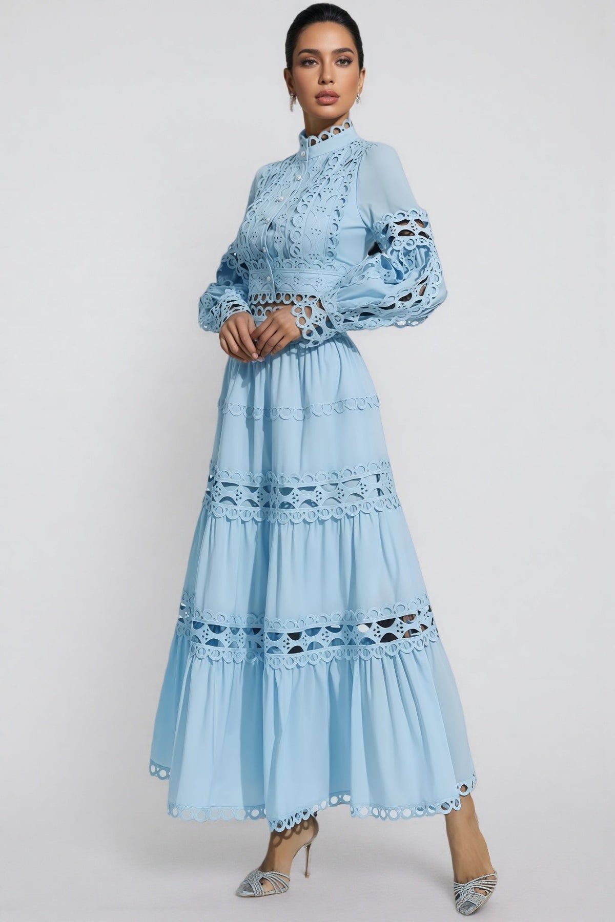 Lysd Blue Lace Hollow Maxi Dress Set