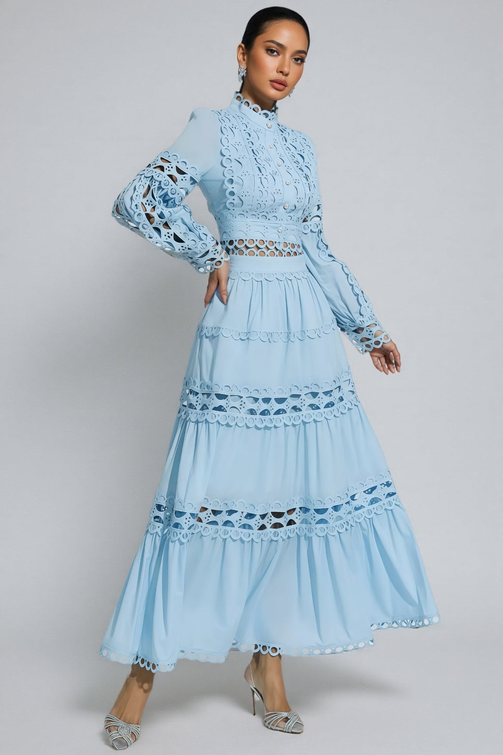 Lysd Blue Lace Hollow Maxi Dress Set