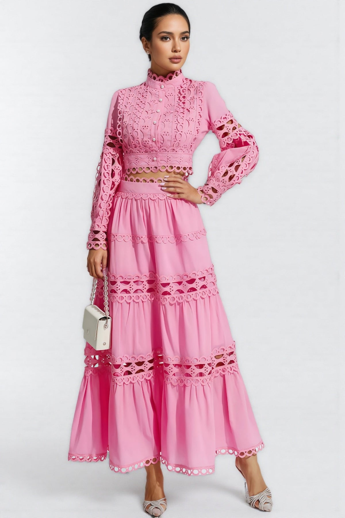 Kyrag Pink Lace Hollow Maxi Dress Set
