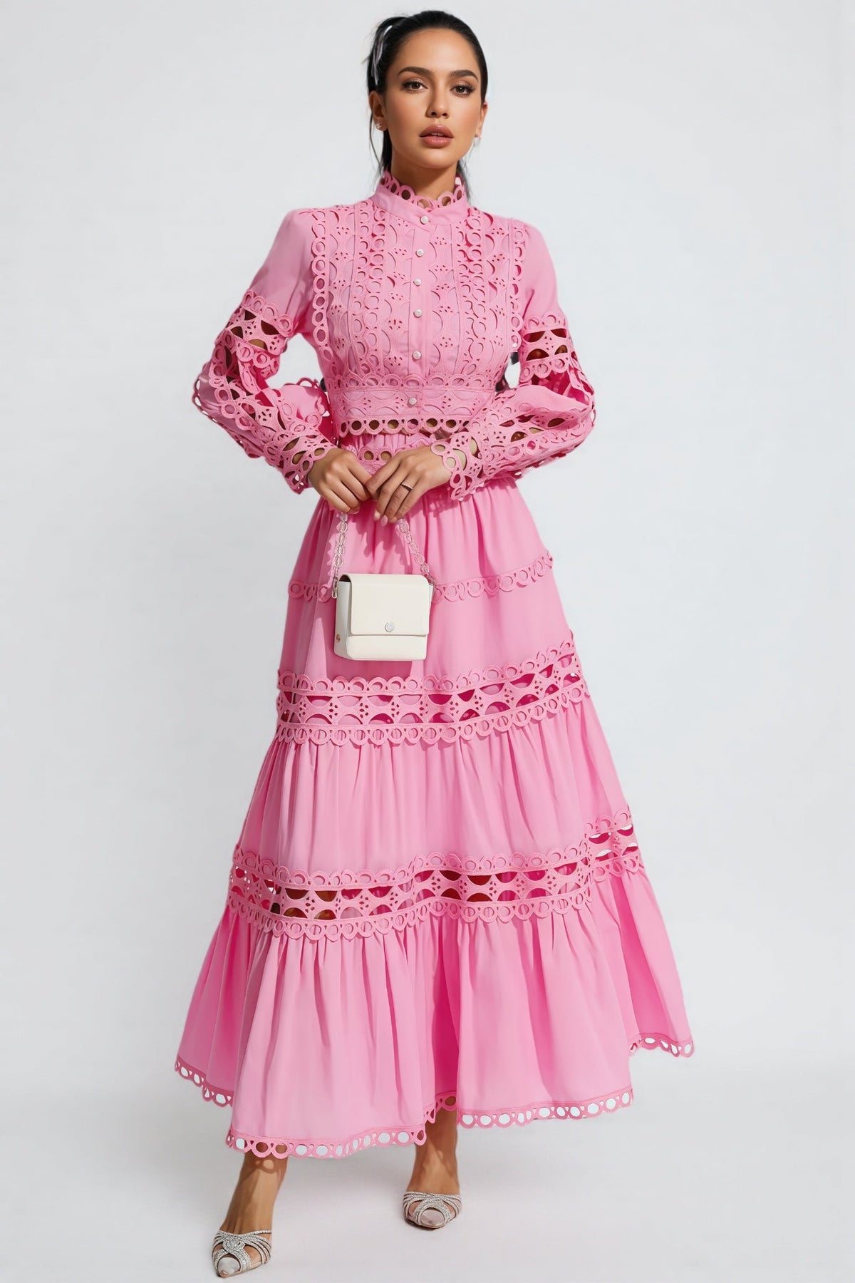 Kyrag Pink Lace Hollow Maxi Dress Set