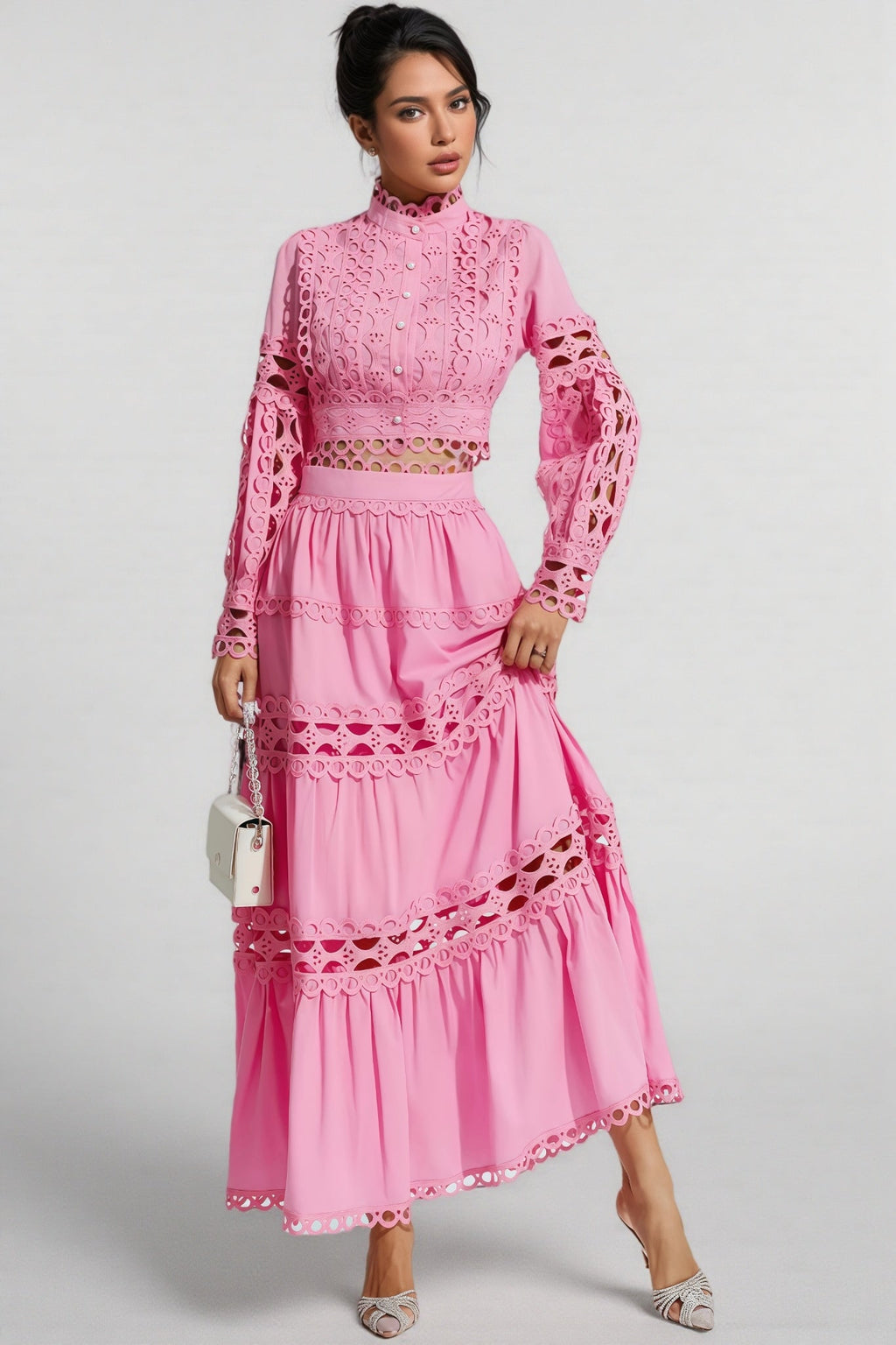Kyrag Pink Lace Hollow Maxi Dress Set