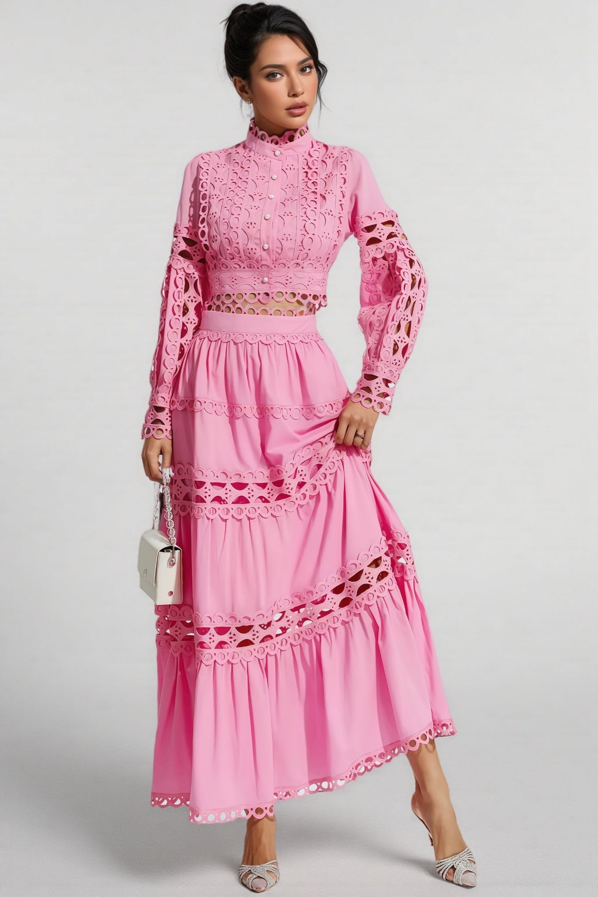 Kyrag Pink Lace Hollow Maxi Dress Set