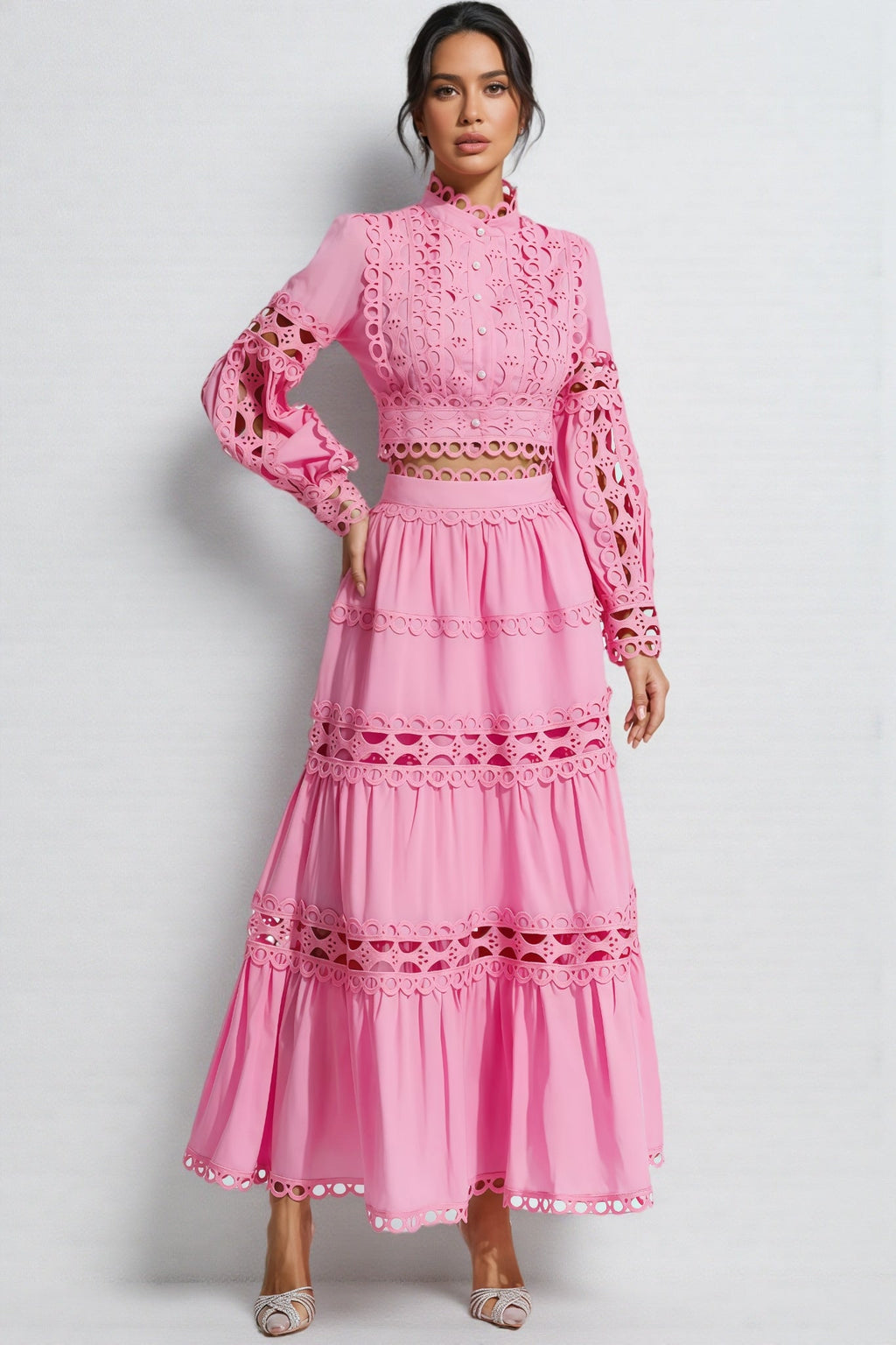 Kyrag Pink Lace Hollow Maxi Dress Set