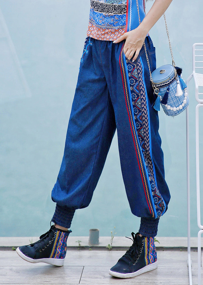 Boutique Blue Embroideried Elastic Waist Cotton Denim Harem Pants Spring Ly0186
