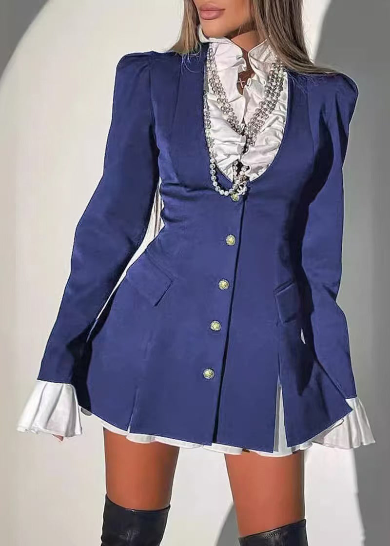 Boutique Blue Ruffled Button Cotton Two-piece Set Fall Qr014